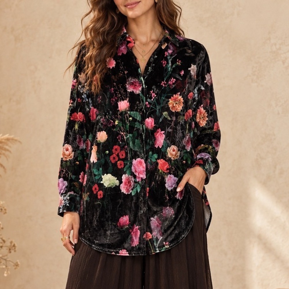 Soft Surroundings Velvet Floral Button Down Shirt Blouse Black Multi L 2FW39 d5